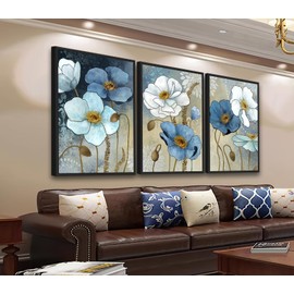 ASDCEUTICALS Large Framed Wall Art - Boho Flowers Wall Decor, Retro Floral Pictures, Blue White Botanical Canvas Prints for Bedroom Living Room Bathroom Kitchen Office Artwork 16" X 24" X 3 Pcs