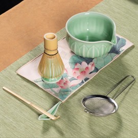 ZentButCool Matcha Set Includes Ceramic Matcha Bowl, Bamboo Whisk (Chasen), Scoop, Stainless Steel Matcha Sifter, And Whisk Holder (Cyan)
