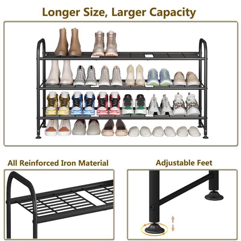 LINZINAR Shoe Rack 3 Tier Long Metal Shoe Organizer for