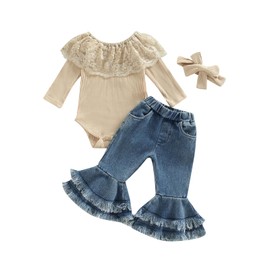 Newborn Baby Girl Clothes Infant Rib Frill Long Sleeve Romper Floral Flared Pants Headband 3pcs Fall Winter Outfits (Denim-Beige 2, 6-9 Months)