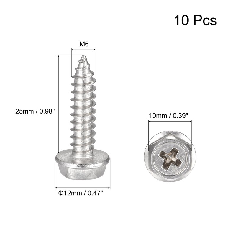sourcing map Phillips Hex Washer Self Tapping Screws, M6 x