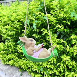 Cute Garden Swing Rabbit Outdoor Hanging Statues, Rabbit Parent and Child Reading in Swing Leaf Hammock for Desk Decor Patio Yard Home Decorations, 8.5"