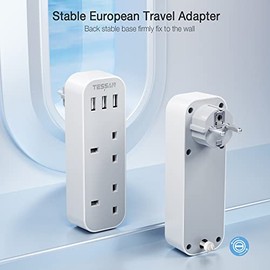 TESSAN UK to European Plug Adapter with 3 USB, TESSAN Grounded EU Euro Europe Travel Plugs, Schuko European Adaptor for France Spain Iceland Austria Poland Germany Portugal Turkey Greece and More Type E/F