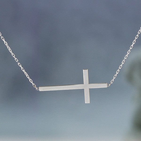 925k Sterling Silver Horizontal Cross Necklace, Petite Adjustable Chain for