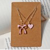 Pink Bow and Heart Charm Necklace Set, Silver Chain, 2
