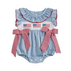 4th of july Baby Girl Outfit Fourth of July USA Flag Embroidery Smocked Romper Independence Day Bodysuits with Big Bow (C Blue, 6-12 Months)