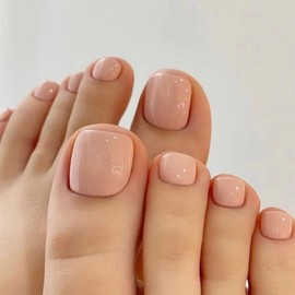 24Pcs Nude Pink Press on Toenails – Short Square Full Cover Fake Toe Nails with Nail Accessory Tool, 12 Sizes Stick-onToenails for Women & Girls, Eco-Friendly ABS Material