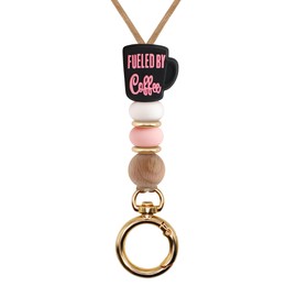 MyfavoriteK Coffee Cup Teacher Lanyard ID Badge Holder and Keys, Soft Beads Lanyard for Women Work Students (Black)