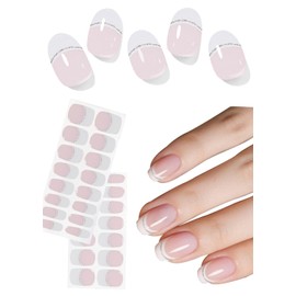 Semi Cured Gel Nail Strips, No LED Lamp Needed, French Glitter Gel Nail Stickers, Wraps for Home Manicure DIY
