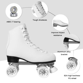 Roller Skates for Women with PU Leather High-top Double Row Rollerskates, Unisex-Adult Indoor Outdoor White Derby Skate Size 10 with Adjustable Fast Braking for Beginner