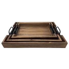 3 Piece Decorative Nested Vintage Wood Serving Tray Set for Coffee Table or Ottoman – Rustic Wooden Breakfast Trays for Kitchen, Dining Room, or Living Room – Farmhouse Platter w/Handles – Brown