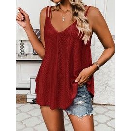 Zeagoo Women's Spaghetti Strap Loose Fit Eyelet Embroidery Flowy Tank Tops 2024 Casual V Neck Summer Sleeveless Blouse,Red,Medium