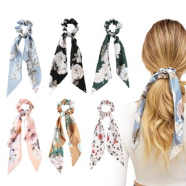mtuihfo 6 Pcs Floral Ribbon Scrunchies, Satin Silky Flower Hair Ribbons for Women, Girls Boho Hair Bow Ties Ponytail Holders Vacation