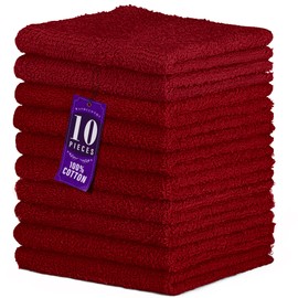 DecorRack 10 Pack 100% Cotton Wash Cloth, Luxurious Soft, 12 x 12 inch Ultra Absorbent, Machine Washable Washcloths, Red (10 Pack)