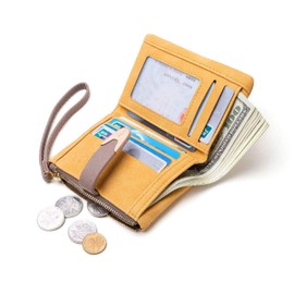 TOPKULL Wallets for Women RFID Small Compact Bifold Short Wallet,Ladies Wristlet Zipper Coin Purse (Yellow)