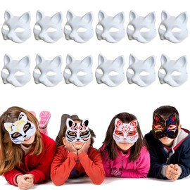 YALARY Cat Mask 12pcs Therian Masks White Cat Masks Fox Masks Blank Mask Animal Half Facemasks DIY White Cat Painted Masks Masquerade Mask