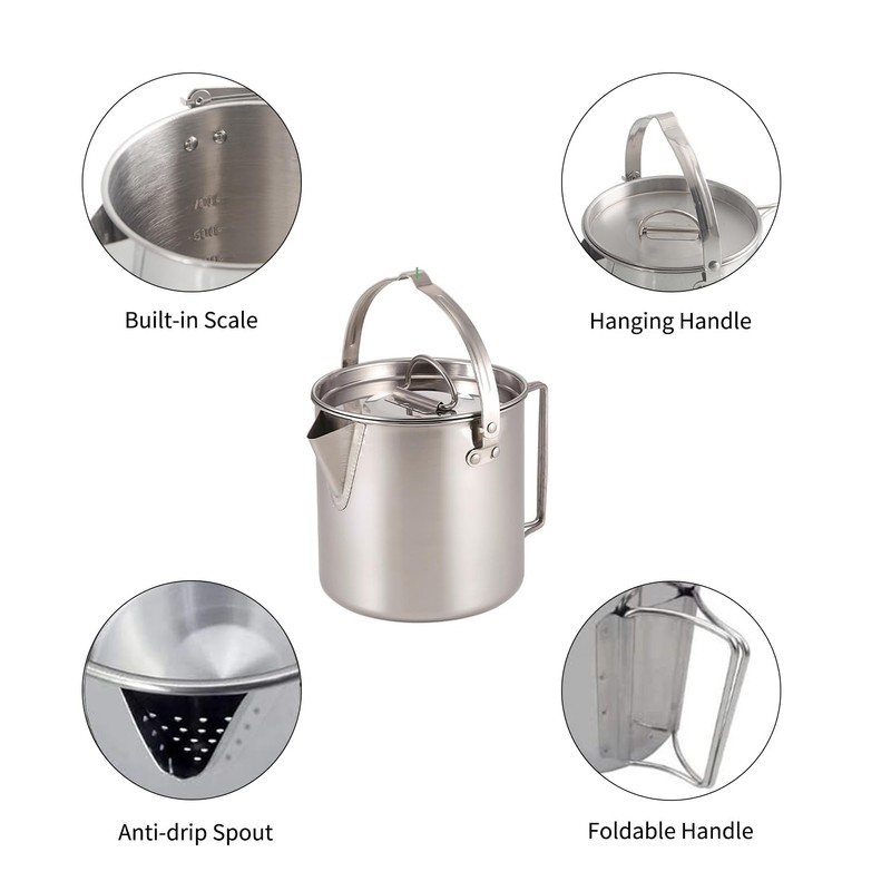 1.2L Camping Pot Stainless Steel Tea Kettle Outdoor Water Boiler