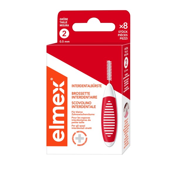 elmex Interdental Brush Red (Size 2, 0.50 mm), 1 x Pack of 8 Interdental Brushes for Cleaning Small Interdental Spaces