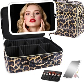 saiggnyy Large Travel Makeup Bag with LED Mirror, 3-Color Stepless Dimming Stand Mirror Detachable, with Adjustable Divider, Makeup Brush Holder Storage (Leopard)