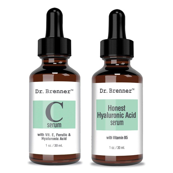 Vitamin C Serum 20% Pure L-Ascorbic Acid, Ferulic Acid, Vitamin E and HA and Hyaluronic Acid Serum with Vitamin B5 for Face and Eyes Natural Anti Aging Anti Wrinkle Set of 2 by Dr. Brenner
