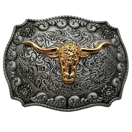 Western Cowboy 4x3" Golden Texas Longhorns Bull Metal Belt Buckle