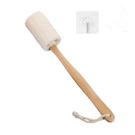 Natural Exfoliating Loofah luffa loofa Bath Brush On a Stick, Shower Sponge Body Back Scrubber with Hooks,Truly Natural Towel,with Long Wooden Handle Back Brush for Men & Women (Pack of 1)