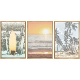 SIGNWIN Framed Canvas Print Wall Art Set Retro Sunset Hawaiian Surfboard Palm Trees Nature Wilderness Photography Modern Art Landscape Relax/Calm for Living Room, Bedroom, Office - 24"x36"x3 Natural