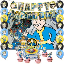 Fuyhiuous 42pcs Fallout Birthday Party Supplies Pack Includes，Banner，Cake Topper，Blackdrop,Balloons for Fallout party supplies