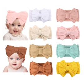 BEWDIO Stretchy Baby Girl Headband Bows, 8 Pack Nylon Hair Bands with Bow for Newborn Infant Toddler (66-01)