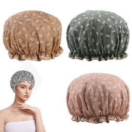 3 Pcs Double Layer Shower Caps for Women,Reusable Bath Caps Waterproof Shower Hats Women Long Hair,Elastic Shower Hat Flower Bath Hat Hair Cap for Adults and Children Shower Spa Salon