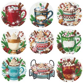 8 Pcs Christmas Coffee Diamond Painting Coasters Kits with Holder, DIY Christmas Diamond Art Coaster Kits for Adults, Paint with Diamonds Coasters Craft Supplies for Holiday Home Decor