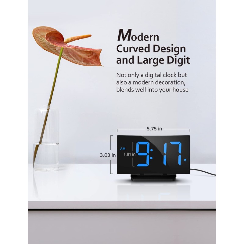GOLOZA Digital Alarm Clock for Bedrooms, Modern Curved Design, Conspicuous