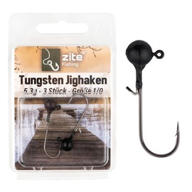 Zite Fishing Tungsten Jig Hook Set, Lead-Free Jig Heads with Fishing Hooks, 1/0-5/0 Matte Black, Ultra Sharp Jigheads Hooks, Bass & Zander Fishing, Rubber Bait Hooks with Fishing Weight (1/0 5.3 g)