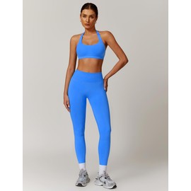 ABOCIW Workout Sets for Women Seamless High Waist Scrunch Butt Lifting Gym Leggings Yoga Pants Halter Sports Bra Yoga Exercise 2 Piece Outfits Electric Blue X-Small