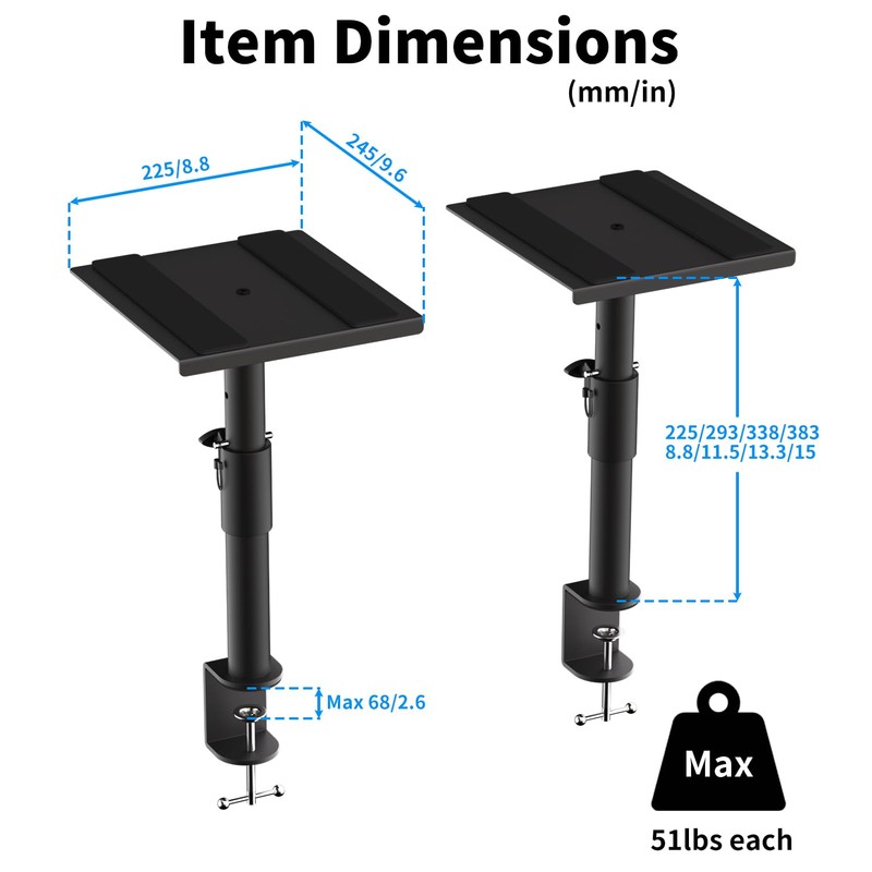 suptek Clamp-on Speaker Stand Desk Mount Set, Height Adjustment, Swivel,