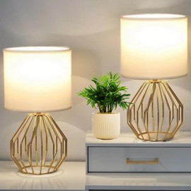 KRASTY Small Gold Table Lamps, Set of 2 Bedside Nightstand Lamps with White Fabric Shade, Metal Base, Hollow Desk lamp, Modern Brass Geometric End Table Lamp for Bedrooms, Living Room,Office,Foyer