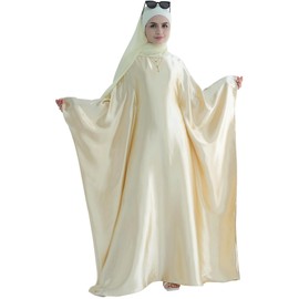 khalat khalat Abaya Muslim Dress Women Satin Prayer Dress Batwing Long Sleeve Middle East Arabian Robe with Hijab Beige
