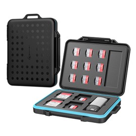 PHIXERO 18 Slots SD Card Case, SD Card Holder for 4 SD & 13 TF Micro SD Cards/ 1 Card Readers, Memory Card Case, SD Card Storage, Waterproof Shock Resistant with Carabiner and Label