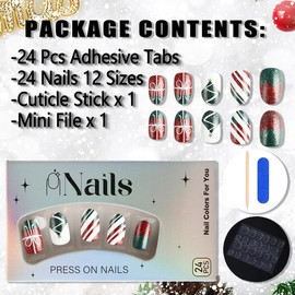 24Pcs Christmas Nails Press on Nails Short Almond Shaped Nails Christmas Tree Bow Fake Nails with Glue Red White Green Acrylic Nails Supply Full Cover Nail Tips Winter Xmas False Nails for Women Girls