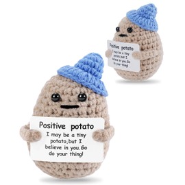 JELUTAR Mini Funny Positive Potato, 3 inch Knitted Doll with Positive Card for Cheer Up Gifts and Party Decorations, Cute Positive Potato Crochet Doll for Birthday Gifts (Potato with Blue Hat)