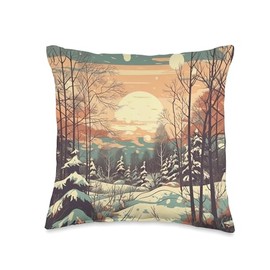 Snowy Forest Clearing Vintage Landscape Graphic Throw Pillow