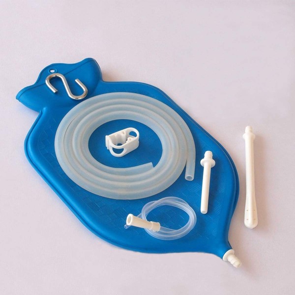 SoulGenie NaturoFloPlus Enema Bag Kit - 4 Quart for Deep Enemas - Open Fountain Top for Easy Cleaning and Hygiene - Fleet Enema, Coffee Enema and Anal Douche - Blue