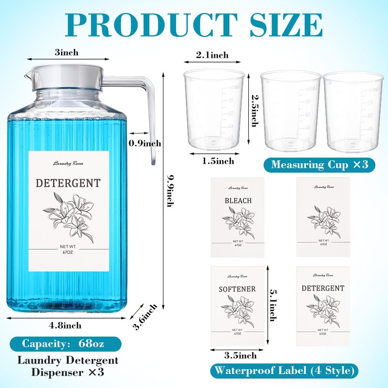 Potchen 3 Pcs 68 oz Laundry Detergent Dispenser Fabric Softener