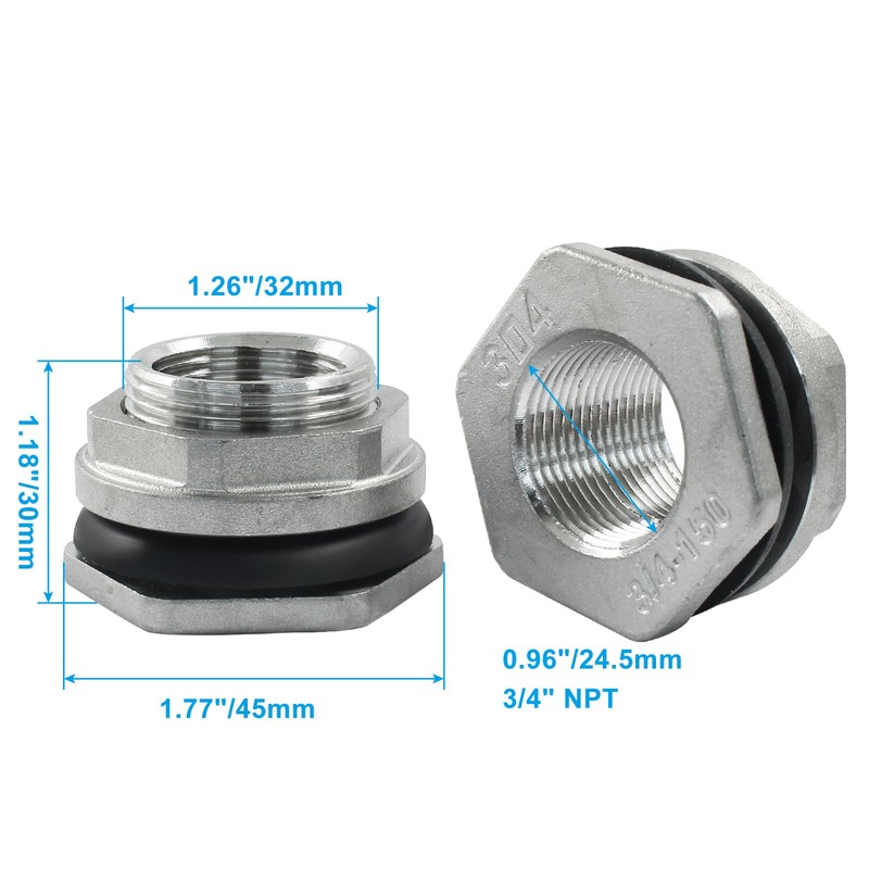 Rierdge 2 Pack Bulkhead Water Tank Fitting, 3/4" Stainless Steel