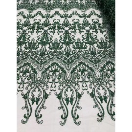 Mia Fabrics Hunter Green Beaded Fabric - Fancy Beaded Embroidered Damask Fabric By The Yard