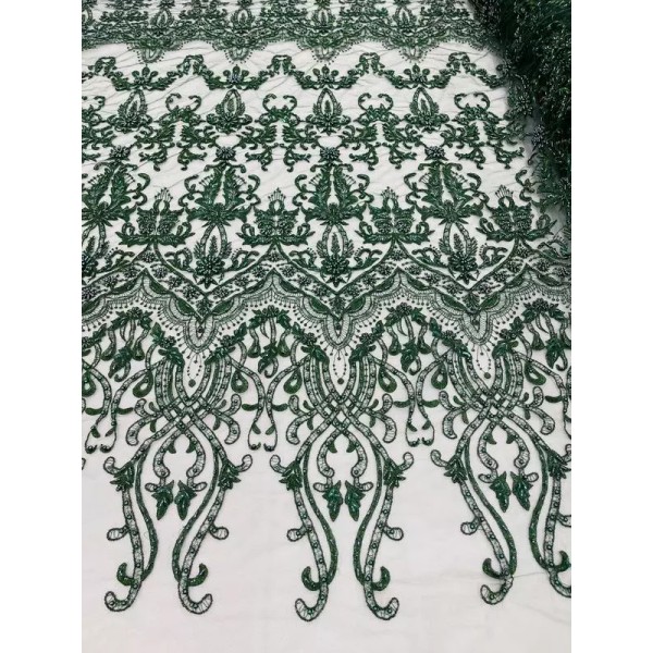 Mia Fabrics Hunter Green Beaded Fabric - Fancy Beaded Embroidered