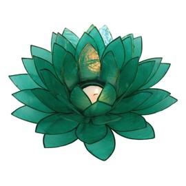 Ebros Gift Hand Crafted Capiz Seashells Petals Auspicious Lotus Flower Large 8.5" D Votive Tea Light Candle Holder Figurine Zen Feng Shui Meditation Home Fragrance Decor Accessory (Teal)