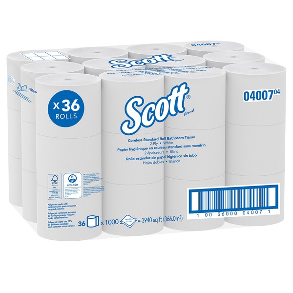Scott® Essential Coreless High-Capacity Standard Roll Toilet Paper (04007), 2-Ply, White, (1,000 Sheets/Roll, 36 Rolls/Case, 36,000 Sheets/Case)