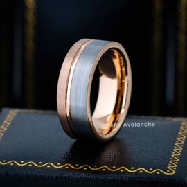 Jewelry Avalanche 8mm Men's 2-Tone Rose Gold Tungsten Wedding Band, Off Center Groove Gun Metal Brushed Finish Comfort-Fit Pipe Cut Anniversary Ring - TN840s11.5