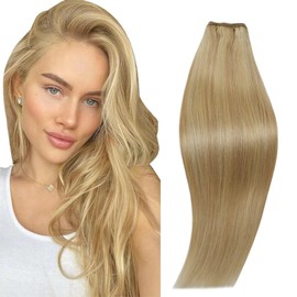 RUNATURE Genius Weft Hair Extensions Human Hair Golde Blonde with Light Blonde Weft Human Hair Extensions 22 Inch Straight Sew in Hair Extensions Real Human Hair Blonde Long Hair Weft Extensions 100g